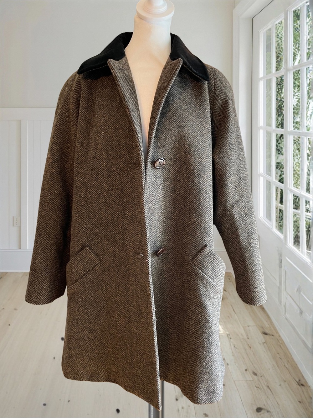 JONES NEW YORK Vintage Wool Tweed Velvet Collar Coat Women's L XL Herringbone 80 - Picture 7 of 16